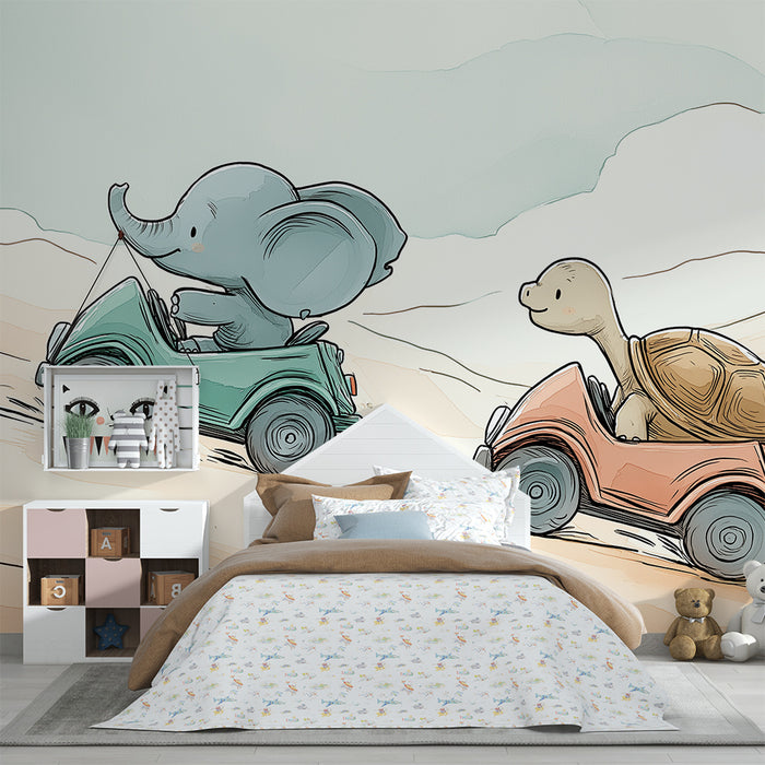 Tapety dla dzieci | Słoń i żółw ścigają się w kolorowych samochodach
