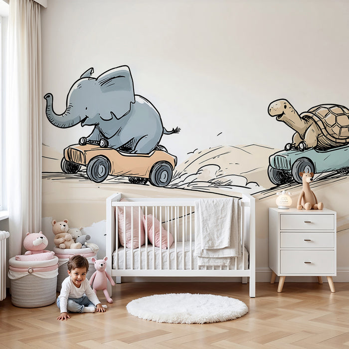 Tapet barnerom | Elefant og skilpadde løper på fargerike biler
