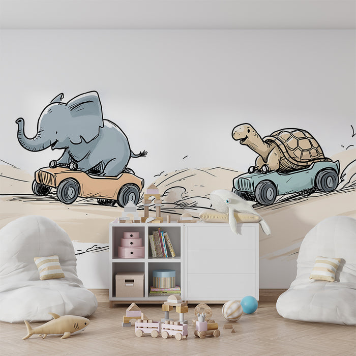 Tapet barnerom | Elefant og skilpadde løper på fargerike biler
