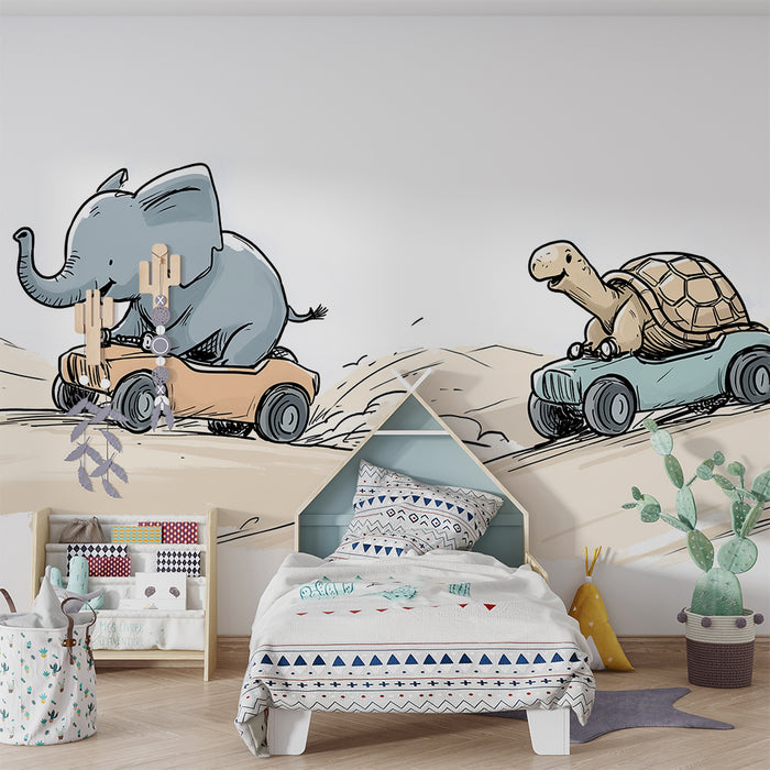 Tapet barnerom | Elefant og skilpadde løper på fargerike biler