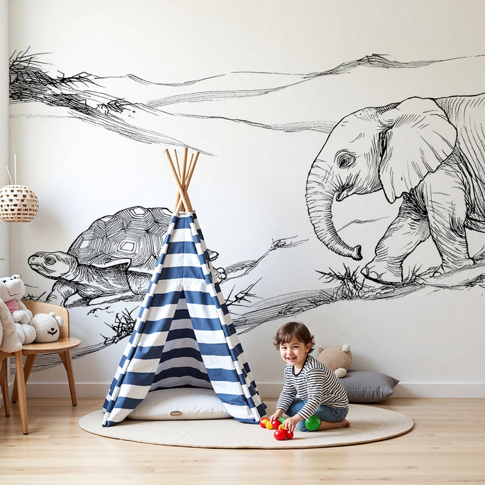 Kinderzimmer Tapete | Elefant und Schildkröte auf Abenteuer im Wüste