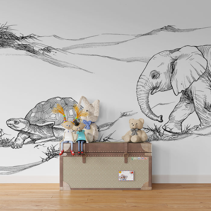 Kinderzimmer Tapete | Elefant und Schildkröte auf Abenteuer im Wüste
