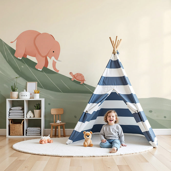 Kids room wallpaper | Elephant and turtle on a leafy green.
