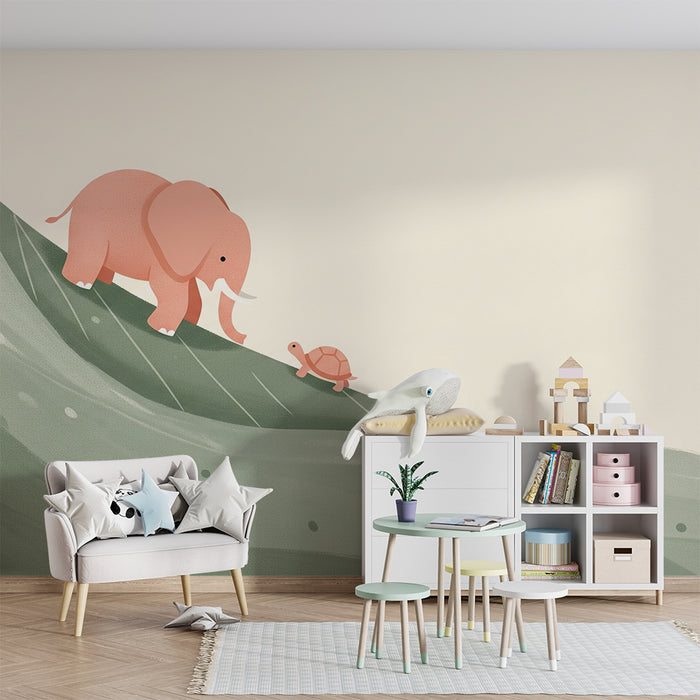 Kids room wallpaper | Elephant and turtle on a leafy green.