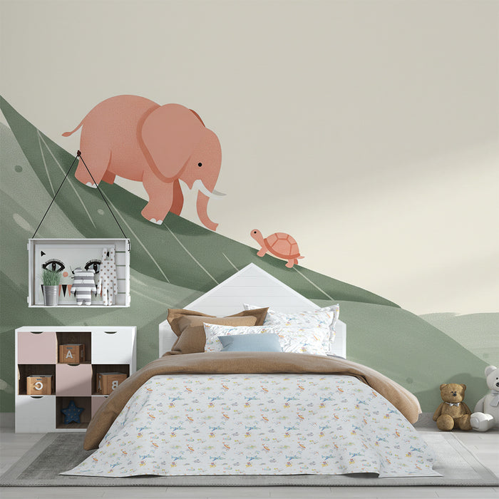 Kids room wallpaper | Elephant and turtle on a leafy green.