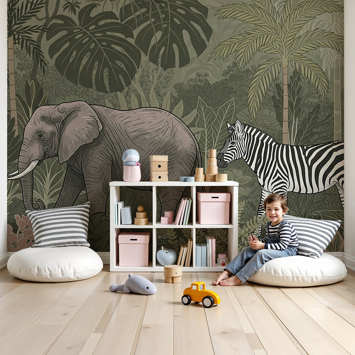 Papel de parede criança | Elefante e zebra em uma selva luxuriante