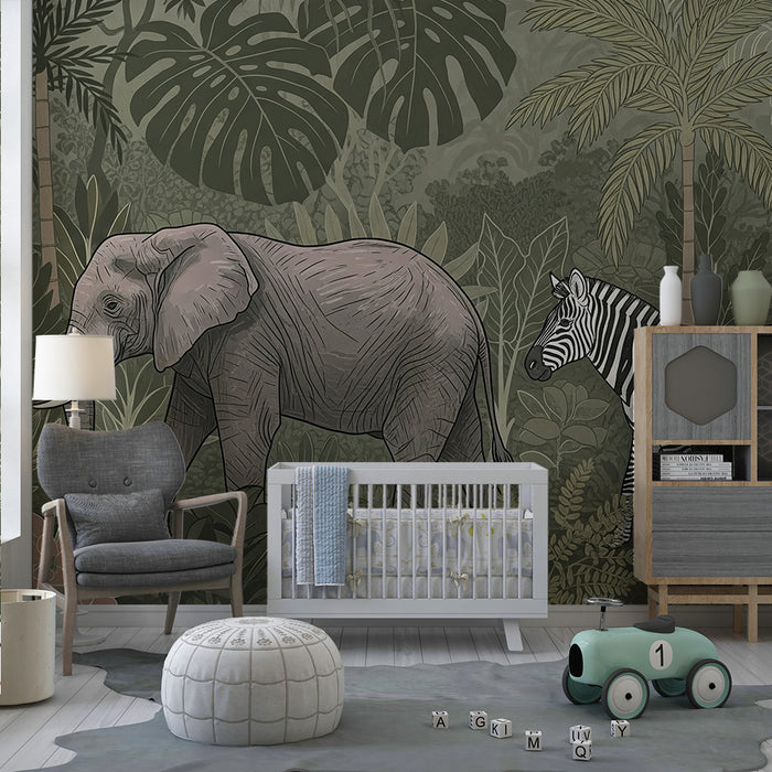 Papel de parede criança | Elefante e zebra em uma selva luxuriante