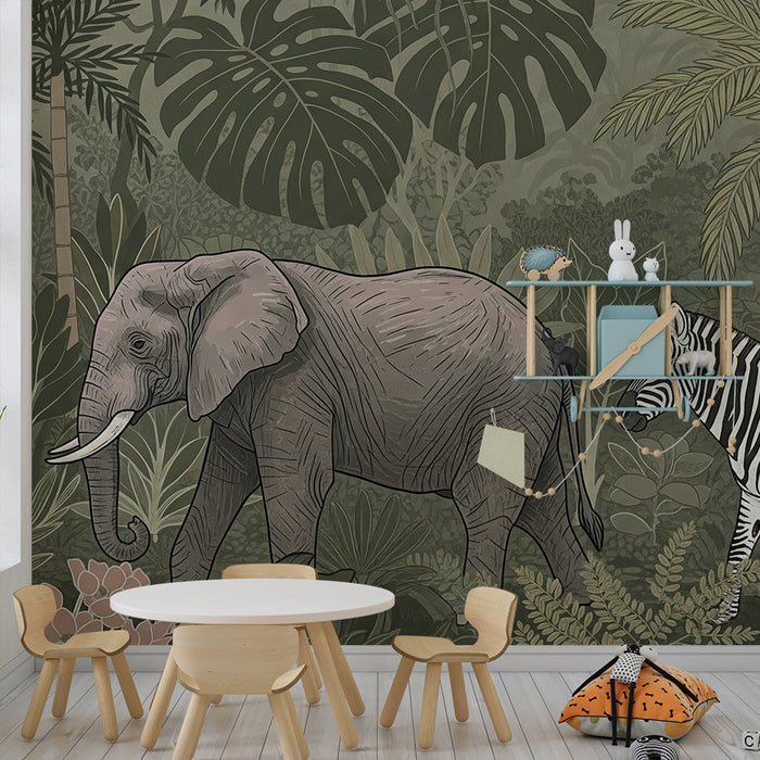 Papel de parede criança | Elefante e zebra em uma selva luxuriante