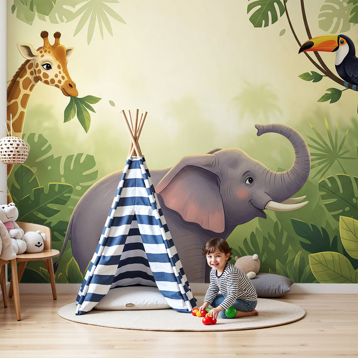 Papier peint chambre enfant | Éléphant, girafe et toucan dans une jungle luxuriante