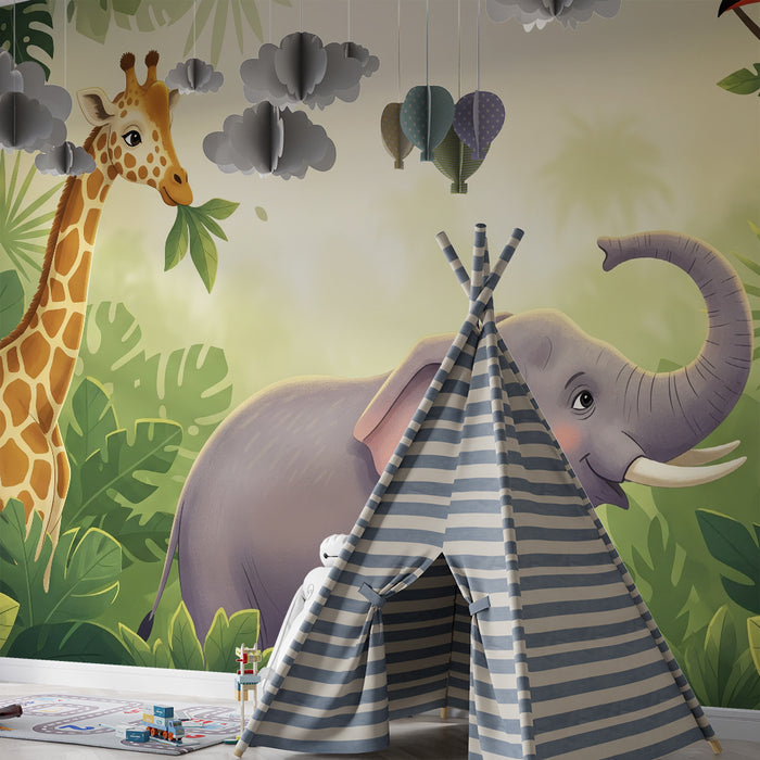 Papier peint chambre enfant | Éléphant, girafe et toucan dans une jungle luxuriante