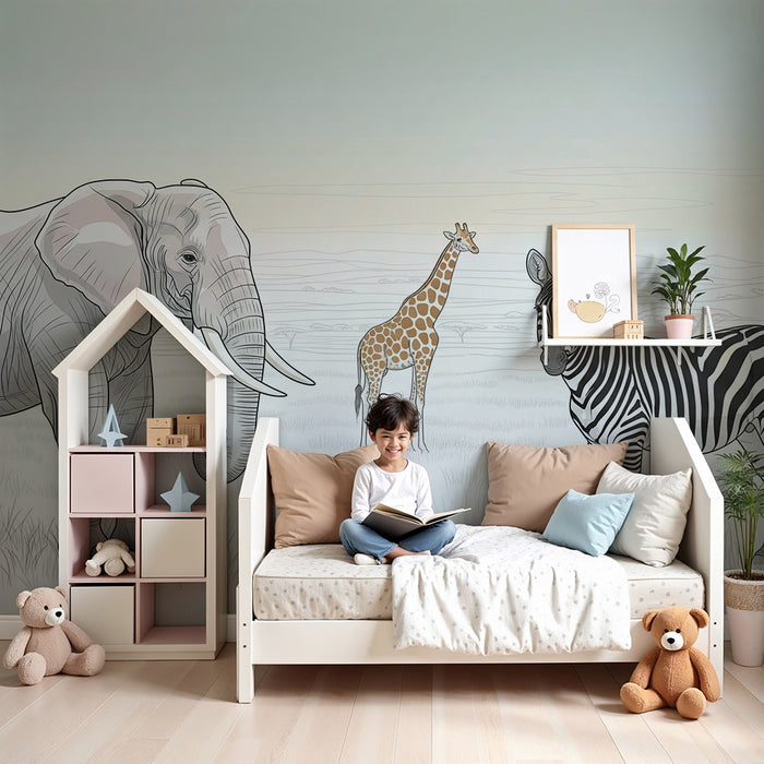 Tapet barnerom | Elefant, giraff og sebra på savannen