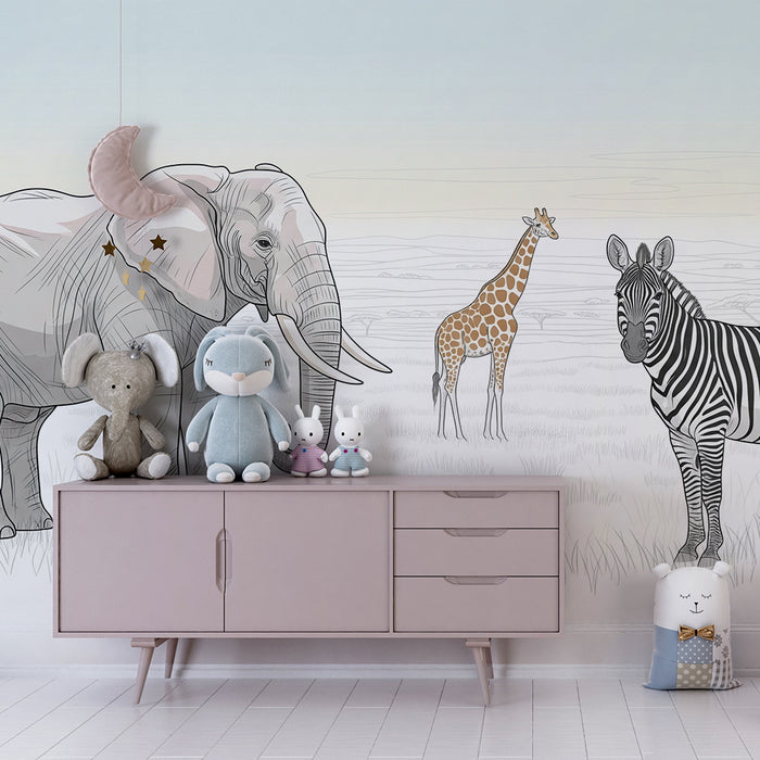 Tapet barnerom | Elefant, giraff og sebra på savannen