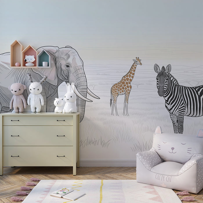 Tapet barnerom | Elefant, giraff og sebra på savannen