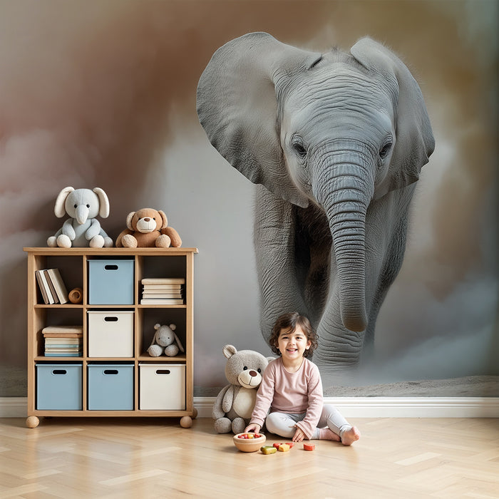 Kids room wallpaper | Veselý slon uprostřed barevných oblaků