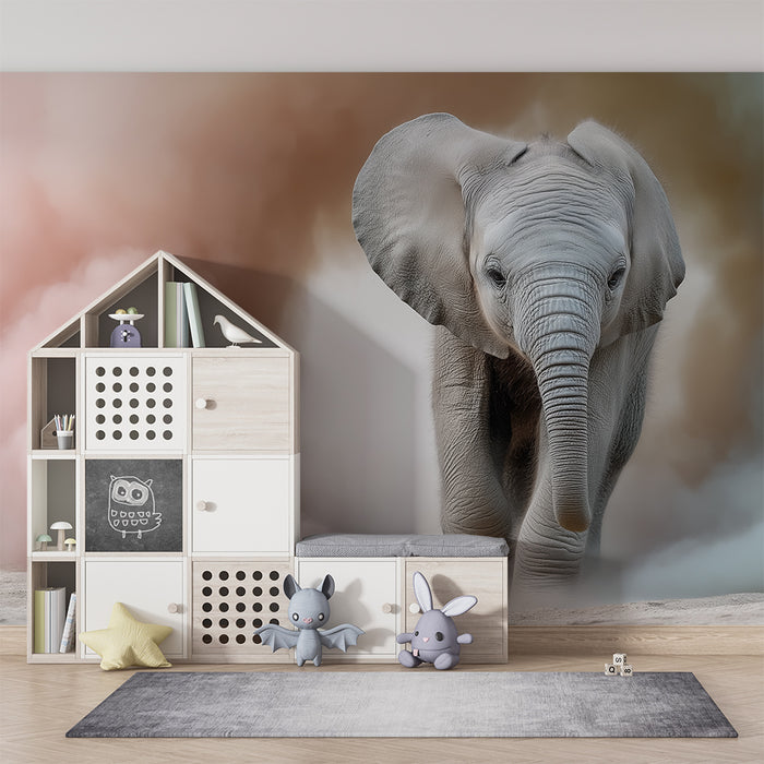 Kids room wallpaper | Veselý slon uprostřed barevných oblaků