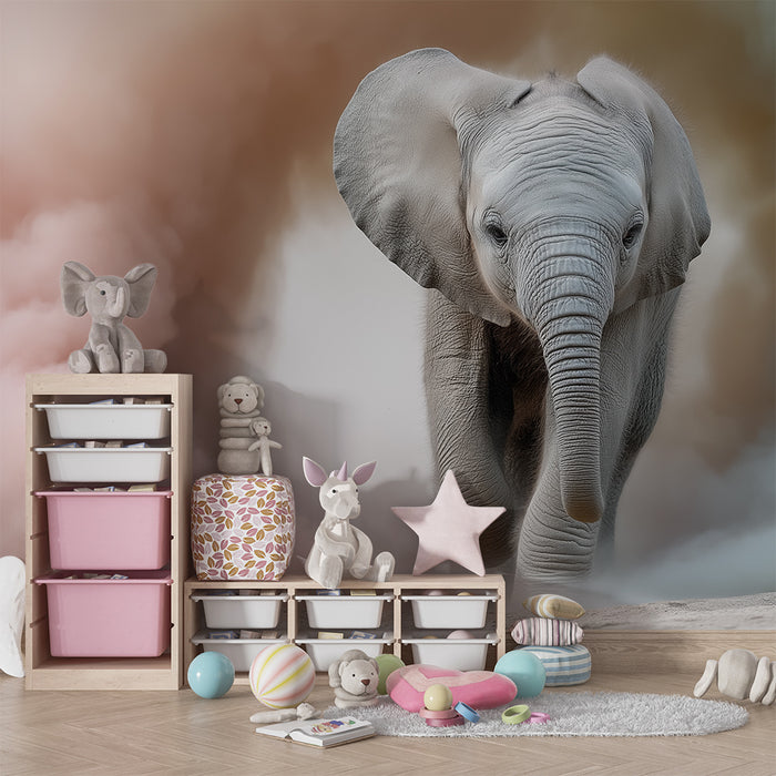 Kids room wallpaper | Veselý slon uprostřed barevných oblaků