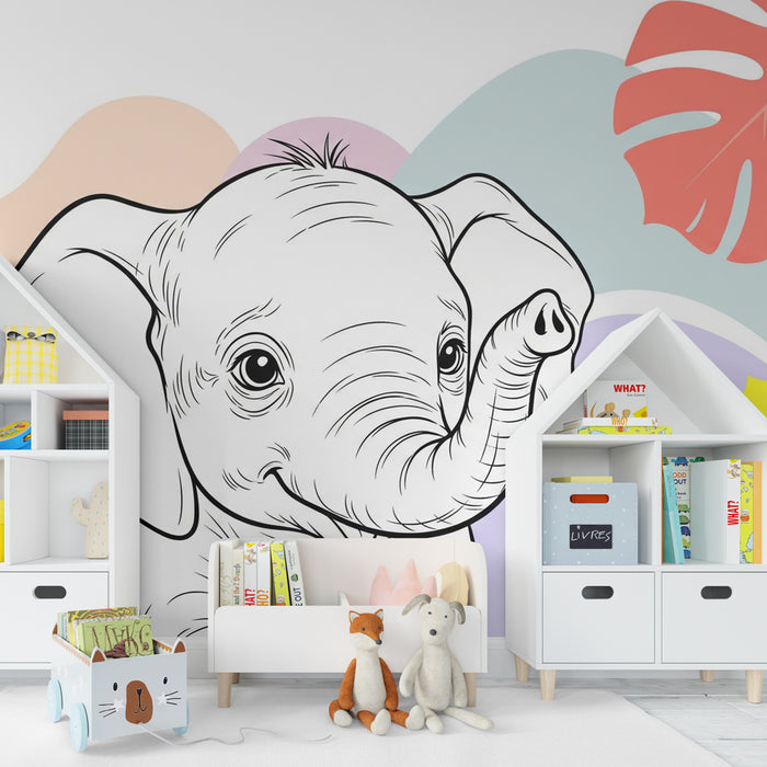 Kids room wallpaper | Õnnelik elevant troopiliste lehtede keskel