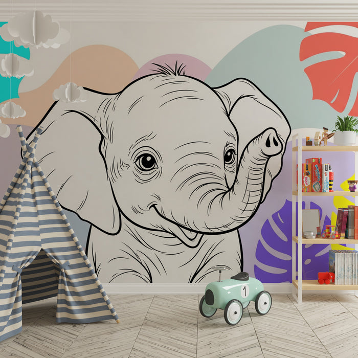 Kids room wallpaper | Õnnelik elevant troopiliste lehtede keskel