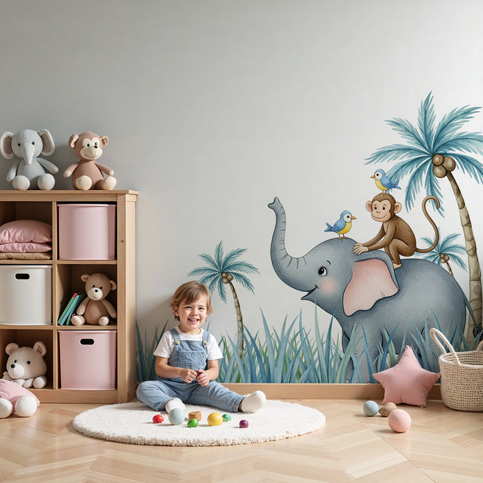 Kids room wallpaper | Happy elephant with monkey and birds in a colorful jungle