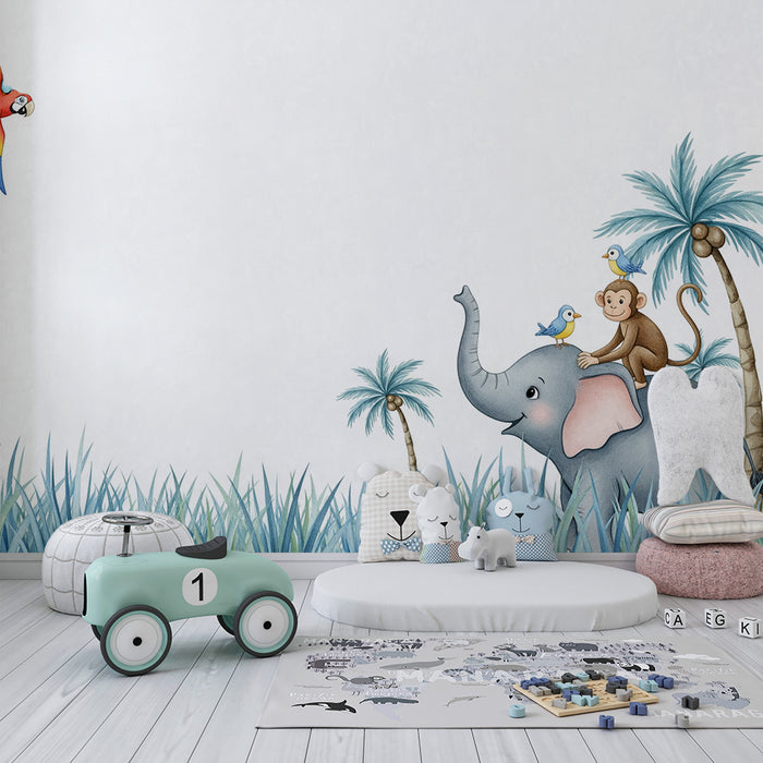 Kids room wallpaper | Happy elephant with monkey and birds in a colorful jungle