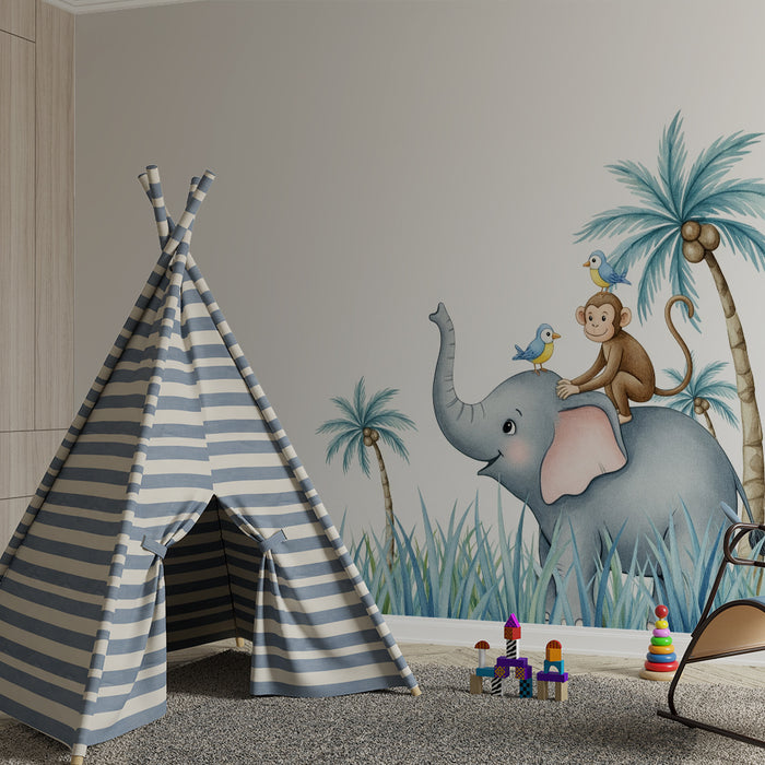 Kids room wallpaper | Happy elephant with monkey and birds in a colorful jungle
