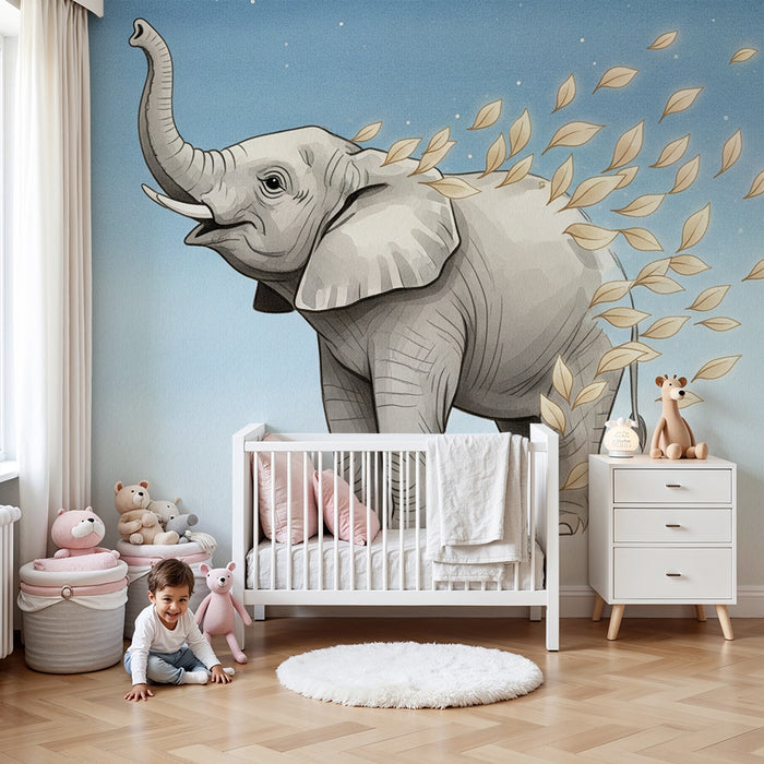 Kids room wallpaper | Happy elephant and moving leaves