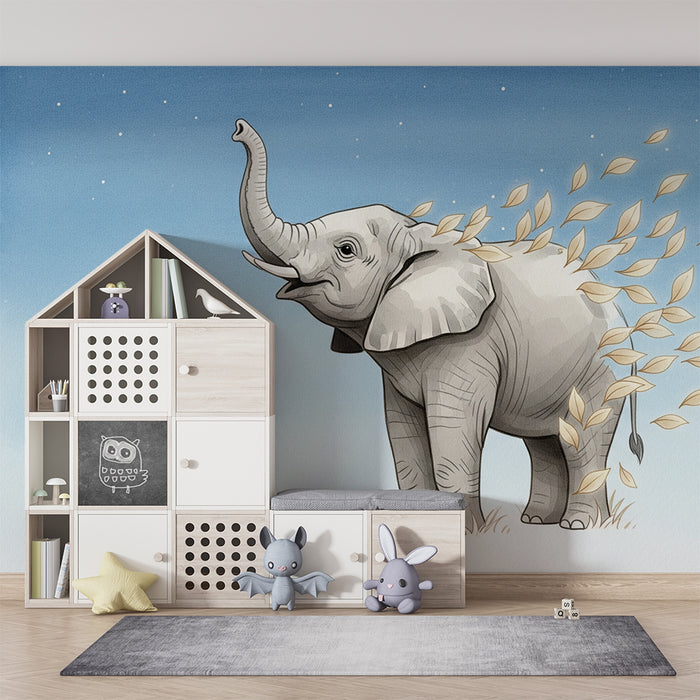 Kids room wallpaper | Happy elephant and moving leaves