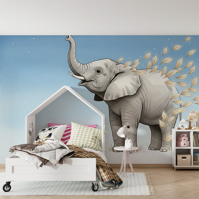Kids room wallpaper | Happy elephant and moving leaves
