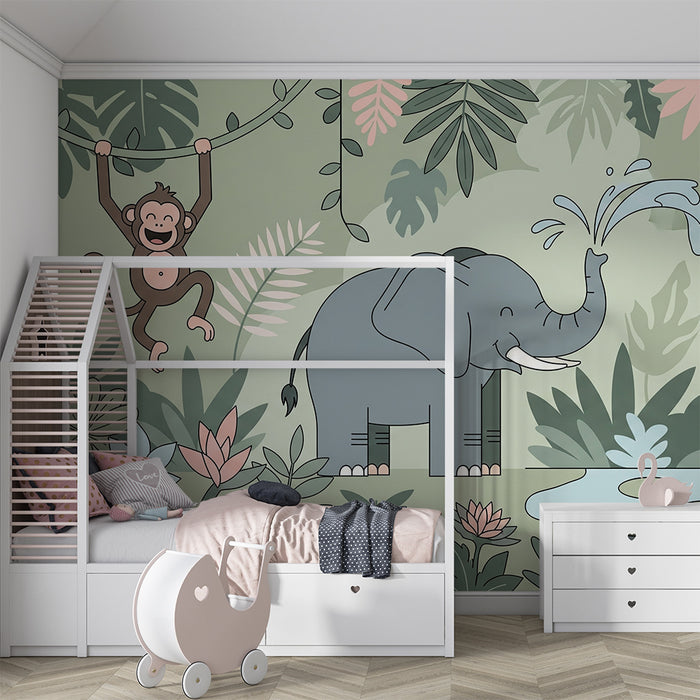 Tapet barnerom | Gledelig elefant, rampete ape og flamingo i en fargerik jungel