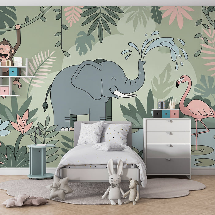 Tapet barnerom | Gledelig elefant, rampete ape og flamingo i en fargerik jungel