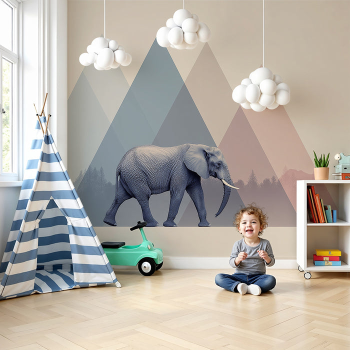 Papel pintado infantil | Elefante majestuoso en medio de las montañas pastel