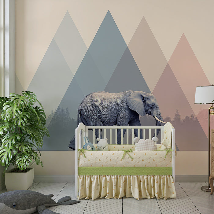 Papel pintado infantil | Elefante majestuoso en medio de las montañas pastel