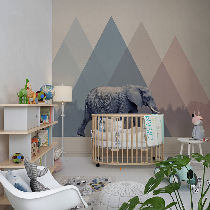 Papel pintado infantil | Elefante majestuoso en medio de las montañas pastel