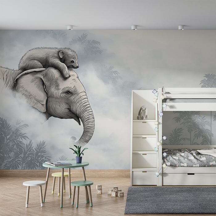 Barnväggspapper | Majestätisk elefant med ett litet djur på ryggen i dimmig miljö