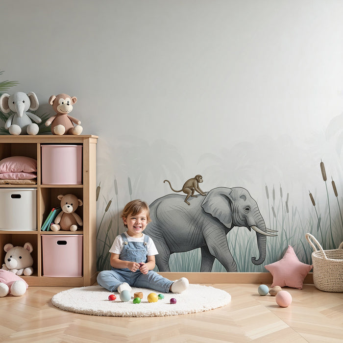 Kinderkamer behang | Majestueuze olifant met een aap en een kleurrijke papegaai in de jungle