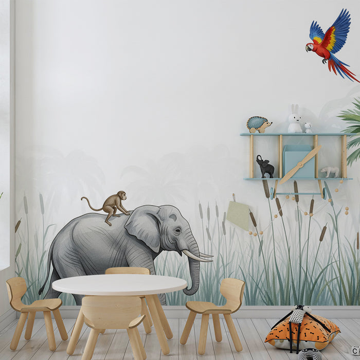 Kinderkamer behang | Majestueuze olifant met een aap en een kleurrijke papegaai in de jungle