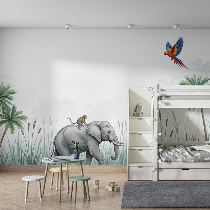 Kinderkamer behang | Majestueuze olifant met een aap en een kleurrijke papegaai in de jungle