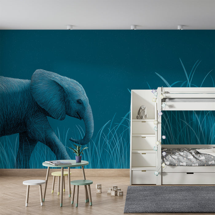 Barntapet | Majestätisk elefant på en blå äng