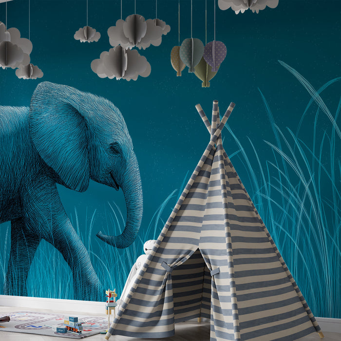 Barntapet | Majestätisk elefant på en blå äng