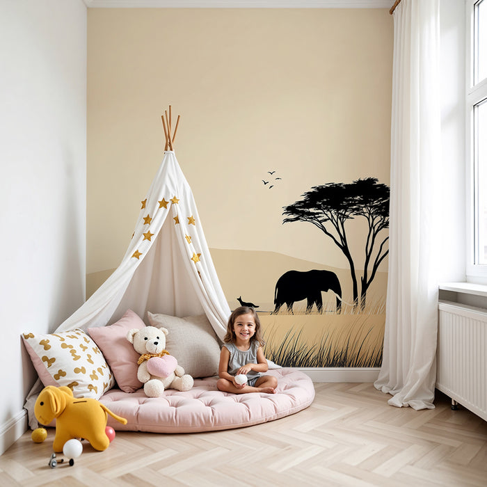 Kinderkamer behang | Majestueuze olifant en rustgevend Afrikaans landschap