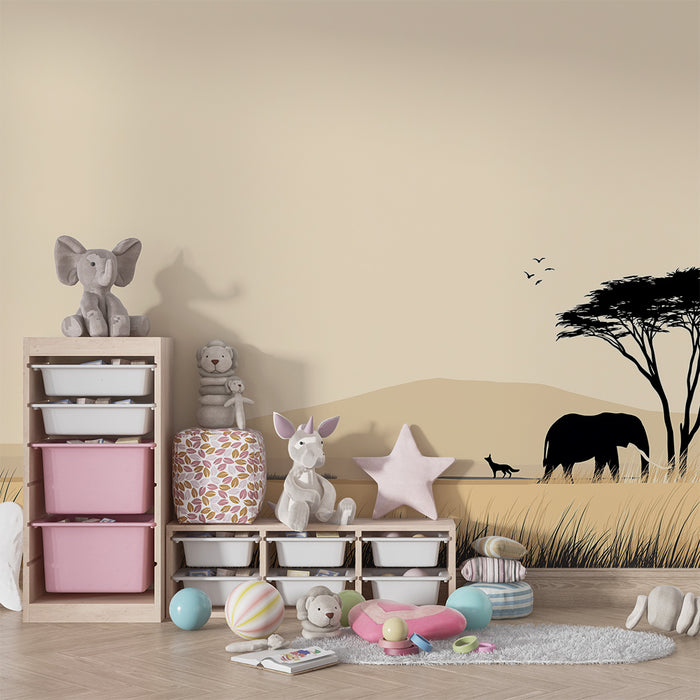 Kinderkamer behang | Majestueuze olifant en rustgevend Afrikaans landschap