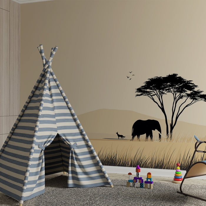 Kinderkamer behang | Majestueuze olifant en rustgevend Afrikaans landschap