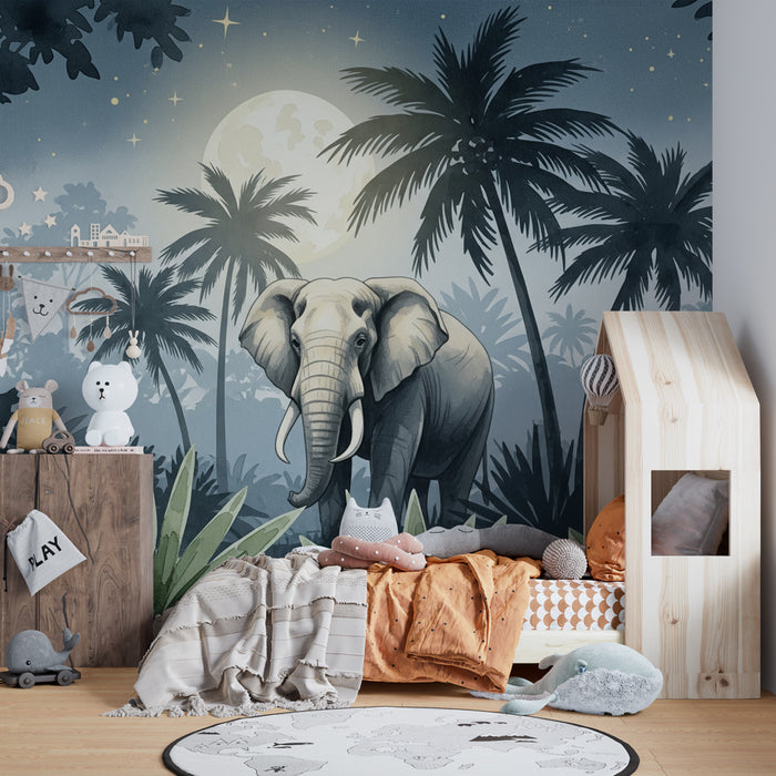 Papier peint chambre enfant | Éléphant majestueux sous la lune