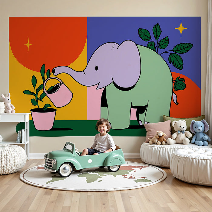 Kinderzimmer Tapete | Niedlicher Elefant, der bunte Pflanzen gießt