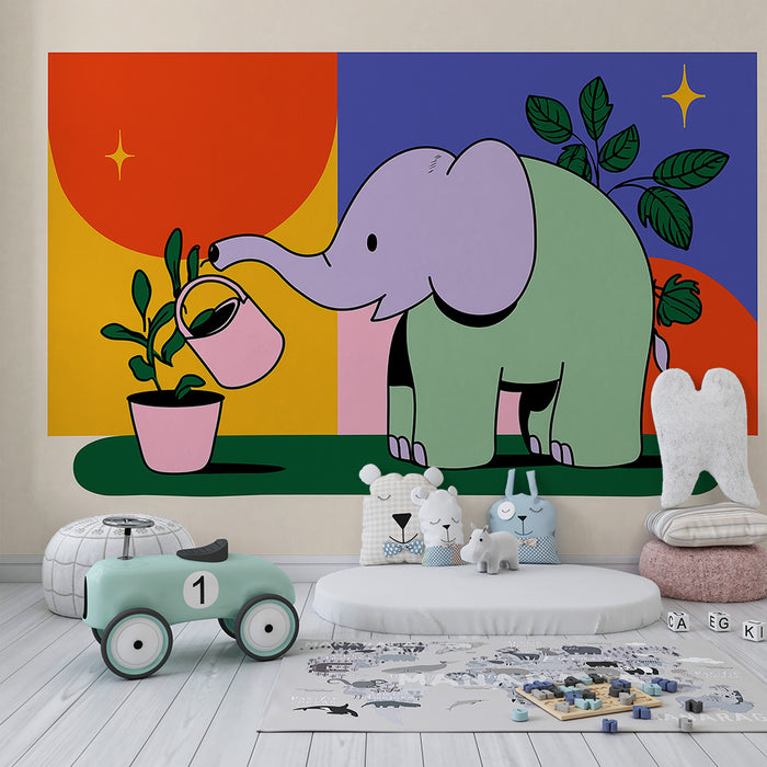Kinderzimmer Tapete | Niedlicher Elefant, der bunte Pflanzen gießt