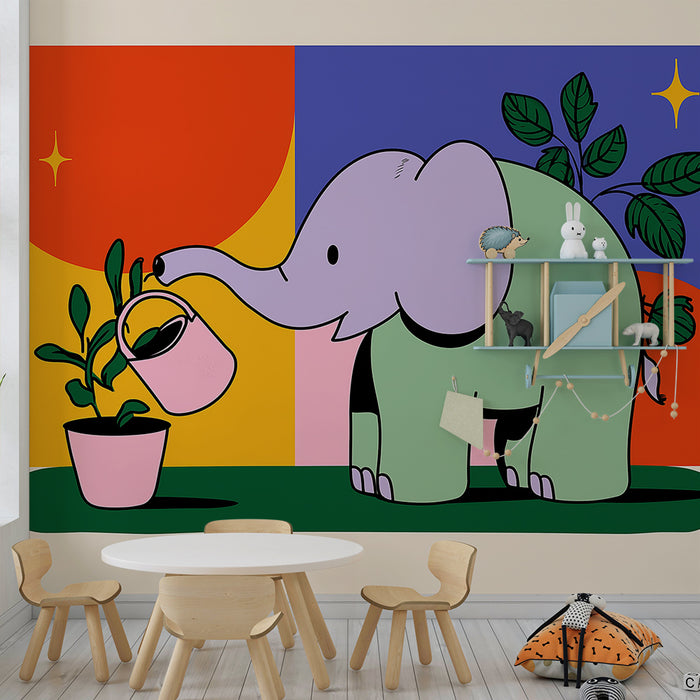 Kinderzimmer Tapete | Niedlicher Elefant, der bunte Pflanzen gießt