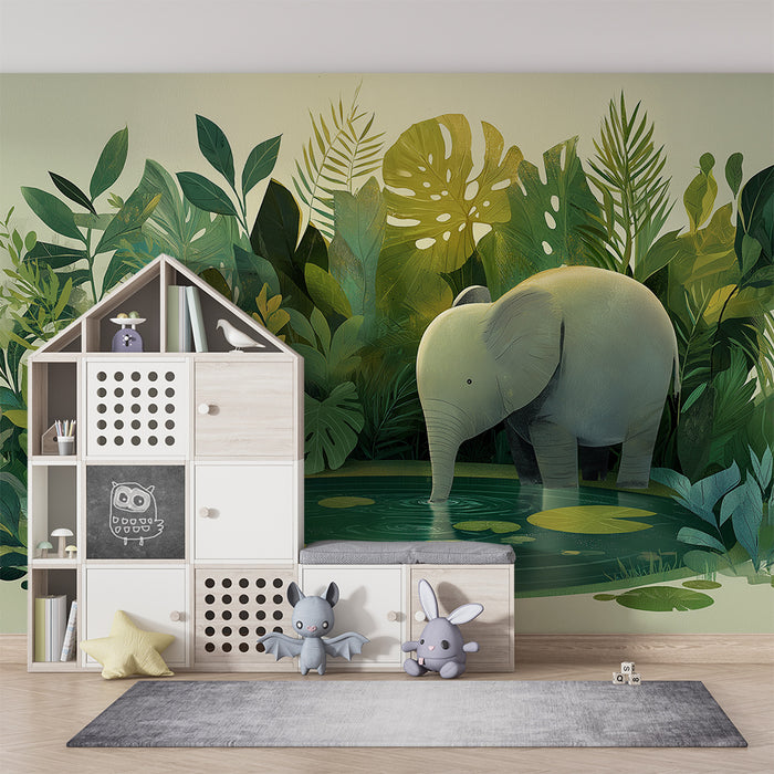 Barntapet | Söt elefant vid en damm omgiven av frodig lövverk
