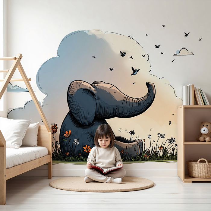 Tapet barnerom | Søt elefant midt blant blomster og fugler