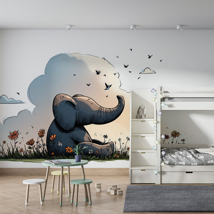 Tapet barnerom | Søt elefant midt blant blomster og fugler