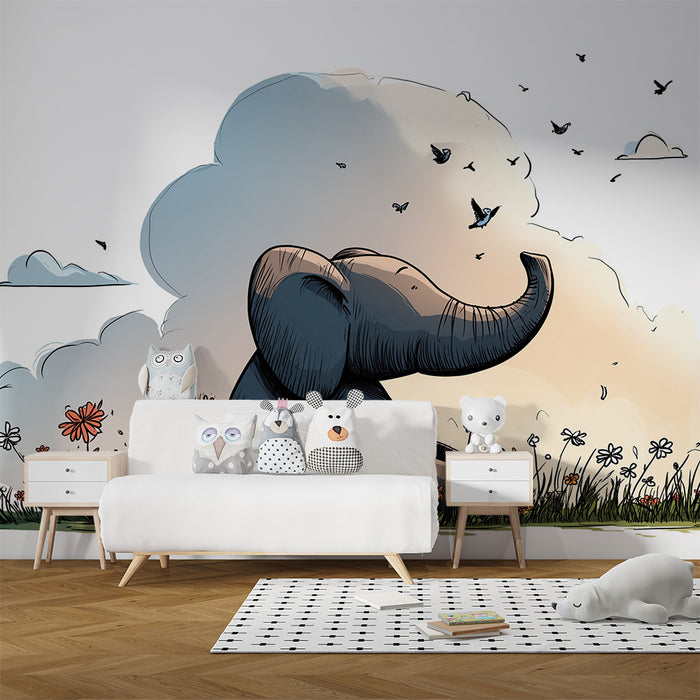 Tapet barnerom | Søt elefant midt blant blomster og fugler